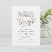 Roze Blush Bloemige Eucalyptus Botanische Trouw Save The Date (Staand voorkant)