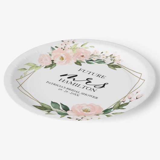 Roze Blush Bloemige Geometrische Bruidsdouche Papieren Bordje (Gekanteld)