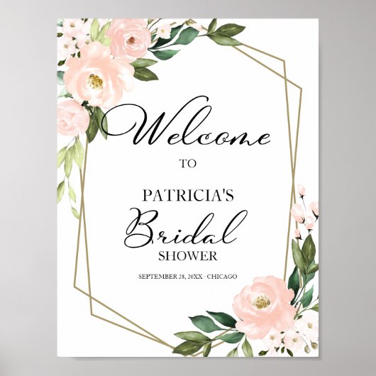 Roze Blush Bloemige Geometrische Bruidsdouche Welk Poster (Voorkant)