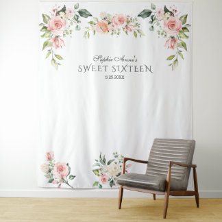Roze Blush Bloemige Sweet Sixteen Fotorekwisiet Wandkleed
