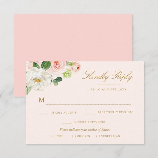 roze blush bloemrijke maaltijd keuze RSVP kaart (Voorkant / Achterkant)