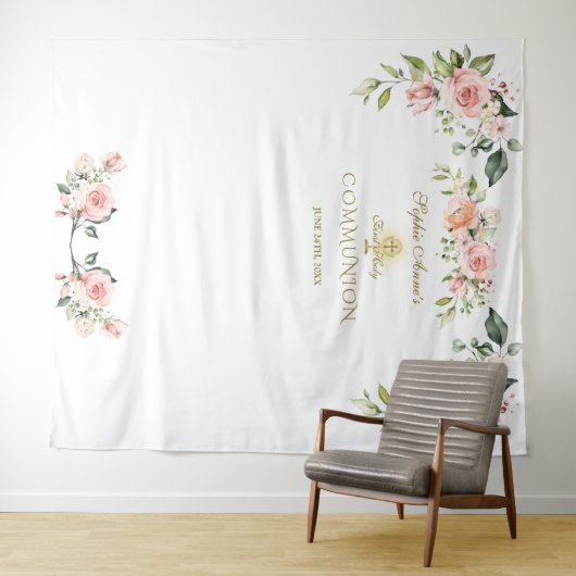 Roze Blush Bloemstuk Eerste Heilige Communie Foto  Wandkleed (In Situ (horizontaal))