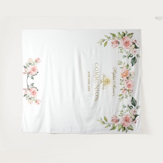 Roze Blush Bloemstuk Eerste Heilige Communie Foto  Wandkleed (Voorkant (horizontaal))
