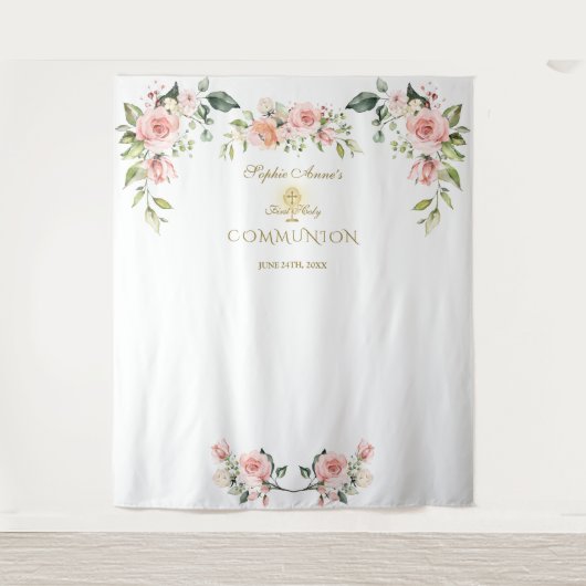 Roze Blush Bloemstuk Eerste Heilige Communie Foto  Wandkleed (Voorkant)