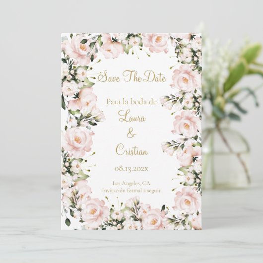 Roze blush bloesem bewaar de datum kaart (Staand voorkant)