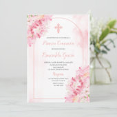 Roze blush bloesem eerste communie Uitnodiging (Staand voorkant)
