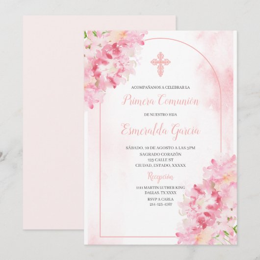 Roze blush bloesem eerste communie Uitnodiging (Voorkant / Achterkant)