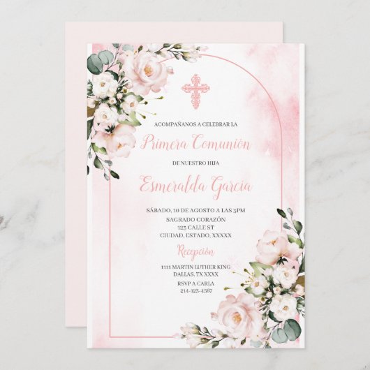 Roze blush bloesem eerste communie Uitnodiging (Voorkant / Achterkant)