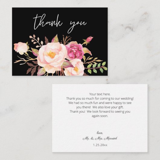 Roze Blush Bloom Floral - Zwart Wit Kleine Bedankt Notitiekaartje (Voorkant / Achterkant)