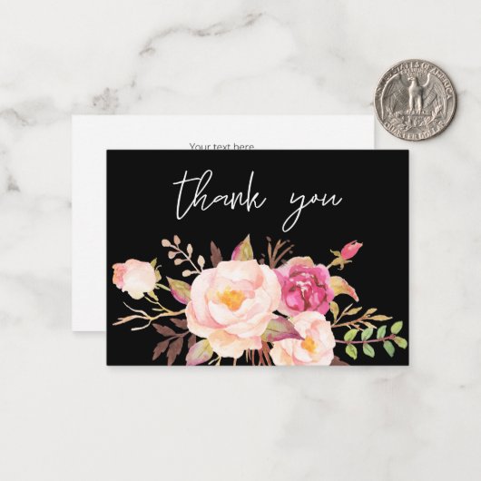 Roze Blush Bloom Floral - Zwart Wit Kleine Bedankt Notitiekaartje (Voorkant / Achterkant in situ)