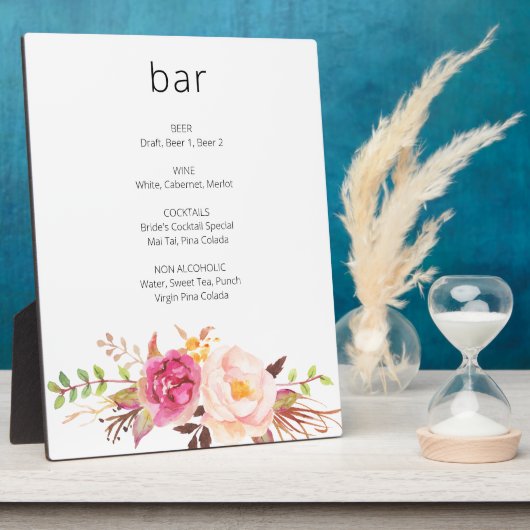 Roze Blush Blooming Floral Bar Sign Easel Fotoplaat (Zijkant)