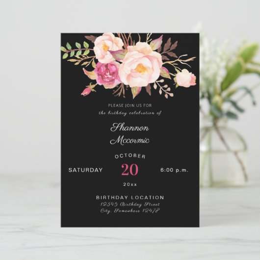 Roze Blush Blooming Floral Birthday - zwart Kaart (Staand voorkant)