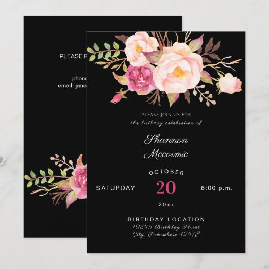 Roze Blush Blooming Floral Birthday - zwart Kaart (Voorkant / Achterkant)