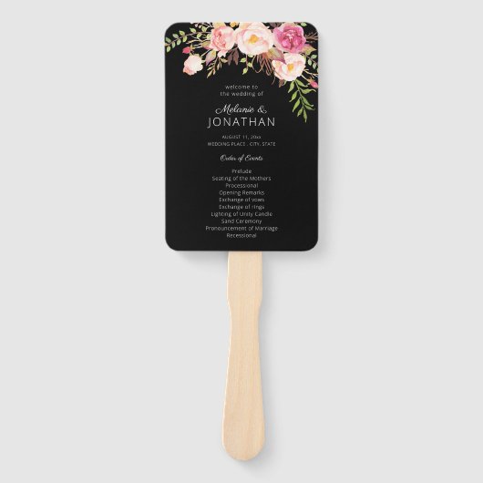 Roze blush Blooming Floral Wedding Program Black Handwaaier (Voorkant)