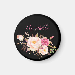 Roze Blush Blooming Floral - zwart Magneet