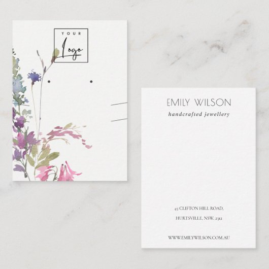 Roze blush Blue Bell Floral Bunch Earring Ketting Visitekaartje (Voorkant / Achterkant)