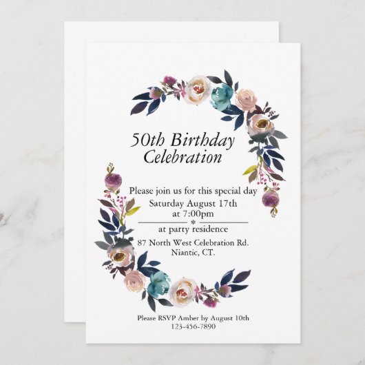 Roze Blush Blue Boho  50ste Verjaardag Kaart (Voorkant / Achterkant)