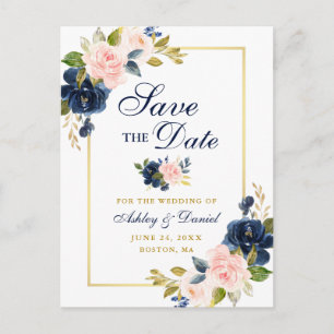 Roze Blush Blue Floral Elegant Gold Save the Date Aankondigingskaart