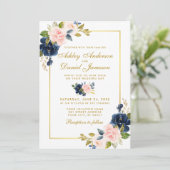 Roze Blush Blue Floral Elegant Gold Wedding Kaart (Staand voorkant)
