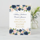 Roze Blush Blue Floral Elegant Gold Wedding R Kaart (Staand voorkant)