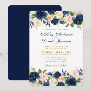 Roze Blush Blue Floral Elegant Gold Wedding R Kaart