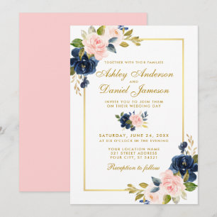 Roze Blush Blue Floral Elegant Wedding Gold Kaart
