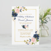 Roze Blush Blue Floral Elegant Wedding Gold Lijst Kaart (Staand voorkant)