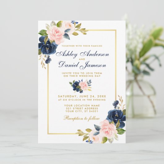 Roze Blush Blue Floral Elegant Wedding Gold Lijst Kaart (Staand voorkant)