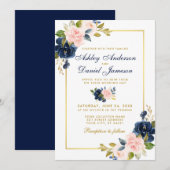 Roze Blush Blue Floral Elegant Wedding Gold Lijst Kaart (Voorkant / Achterkant)