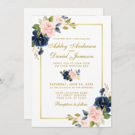Roze Blush Blue Floral Gold Photo Weddenschap Kaart
