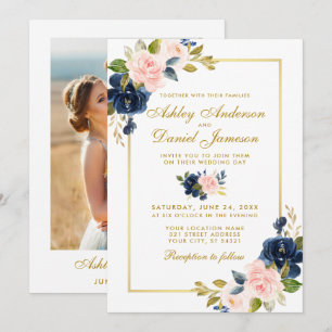 Roze Blush Blue Floral Gold Photo Weddenschap Kaart