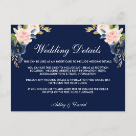 Roze Blush Blue Floral Wedding Details Insert Kaar Briefkaart