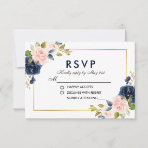 Roze Blush Blue Floral Wedding RSVP Kaartje