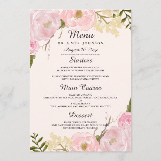Roze Blush Botanisch Bloemend Huwelijksdiner Menu (Voorkant)