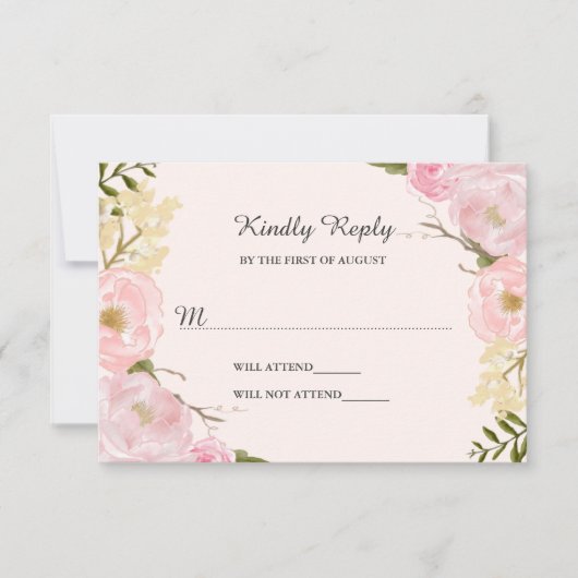 Roze Blush Botanische Bloem Bruiloft RSVP Kaartje (Voorkant)
