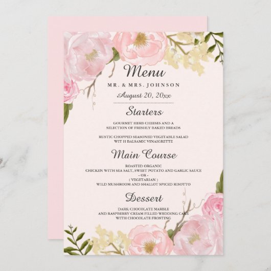 Roze Blush Botanische Bloemen Bruiloft Diner Menu (Voorkant / Achterkant)