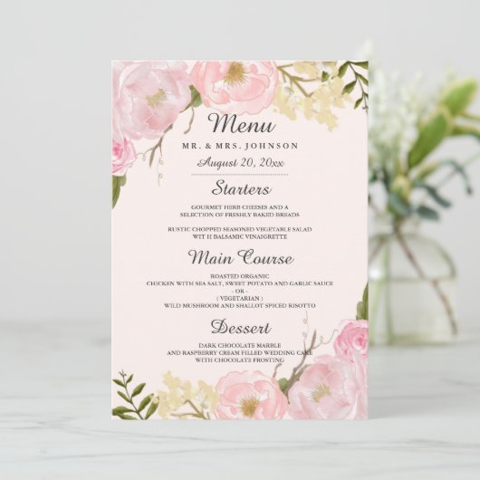 Roze Blush Botanische Bloemen Bruiloft Diner Menu (Staand voorkant)