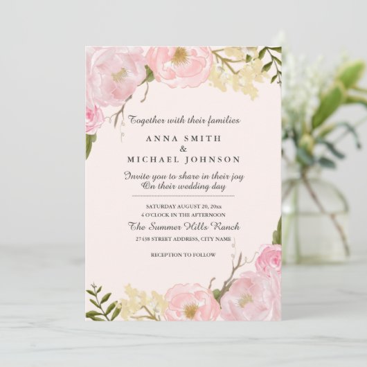 Roze Blush Botanische Bloemen Bruiloft Uitnodiging (Staand voorkant)
