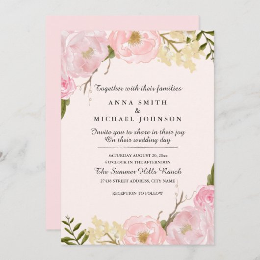 Roze Blush Botanische Bloemen Bruiloft Uitnodiging (Voorkant / Achterkant)