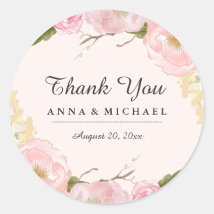 Roze Blush Botanische Bloemige Trouwstickers Ronde Sticker