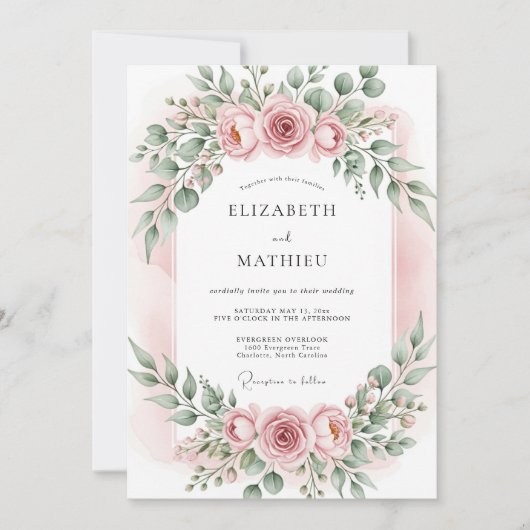 Roze Blush Botanische Romantische Bruiloft Kaart (Voorkant)