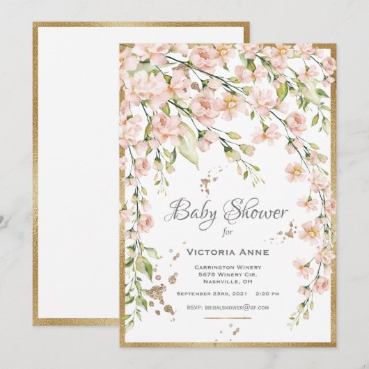 Roze Blush Botanische Waterverf Baby shower Kaart (Voorkant / Achterkant)