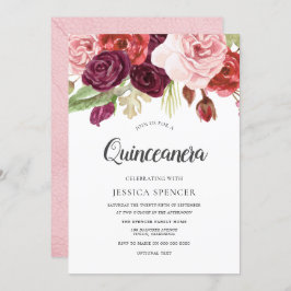 Roze Blush & Bourgogne Flowers Quinceanera Invite Kaart