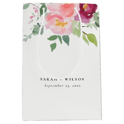 Roze Blush Bourgogne Roos Waterverf bruiloft Medium Cadeauzakje (Voorkant)