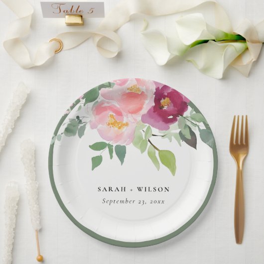 Roze Blush Bourgogne Roos Waterverf bruiloft Papieren Bordje (Huwelijk)