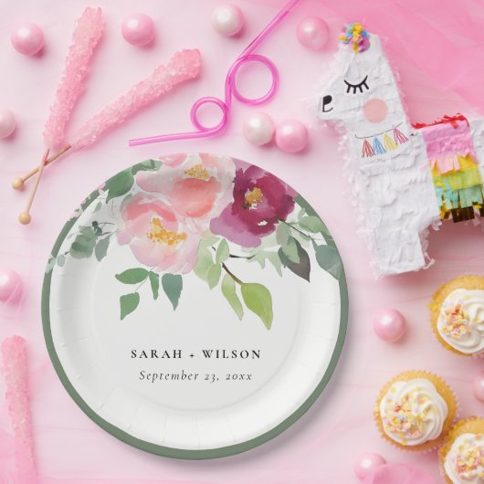 Roze Blush Bourgogne Roos Waterverf bruiloft Papieren Bordje (Feest)