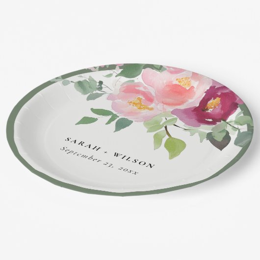 Roze Blush Bourgogne Roos Waterverf bruiloft Papieren Bordje (Gekanteld)