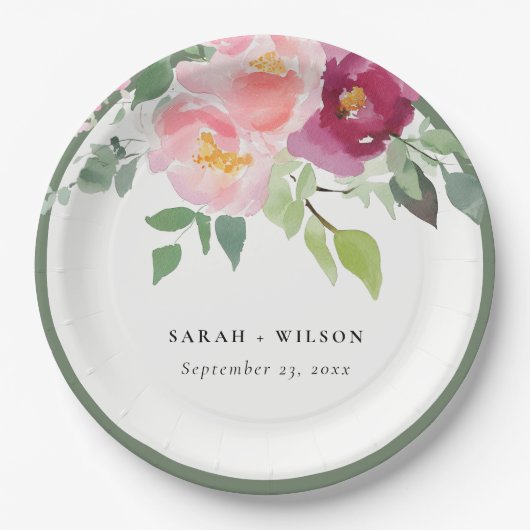 Roze Blush Bourgogne Roos Waterverf bruiloft Papieren Bordje (Voorkant)