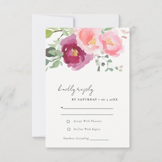 Roze Blush Bourgogne Roos Waterverf bruiloft RSVP Kaartje (Voorkant)