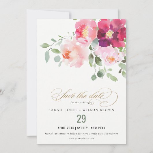 Roze Blush Bourgogne Roos Waterverf bruiloft Save The Date (Voorkant)